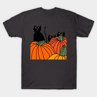 Three Black Cats in the Halloween Pumpkin Patch T-Shirt